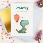 Kartka na urodziny dla chłopca z małym dinozaurem i balonikiem - Little Dino